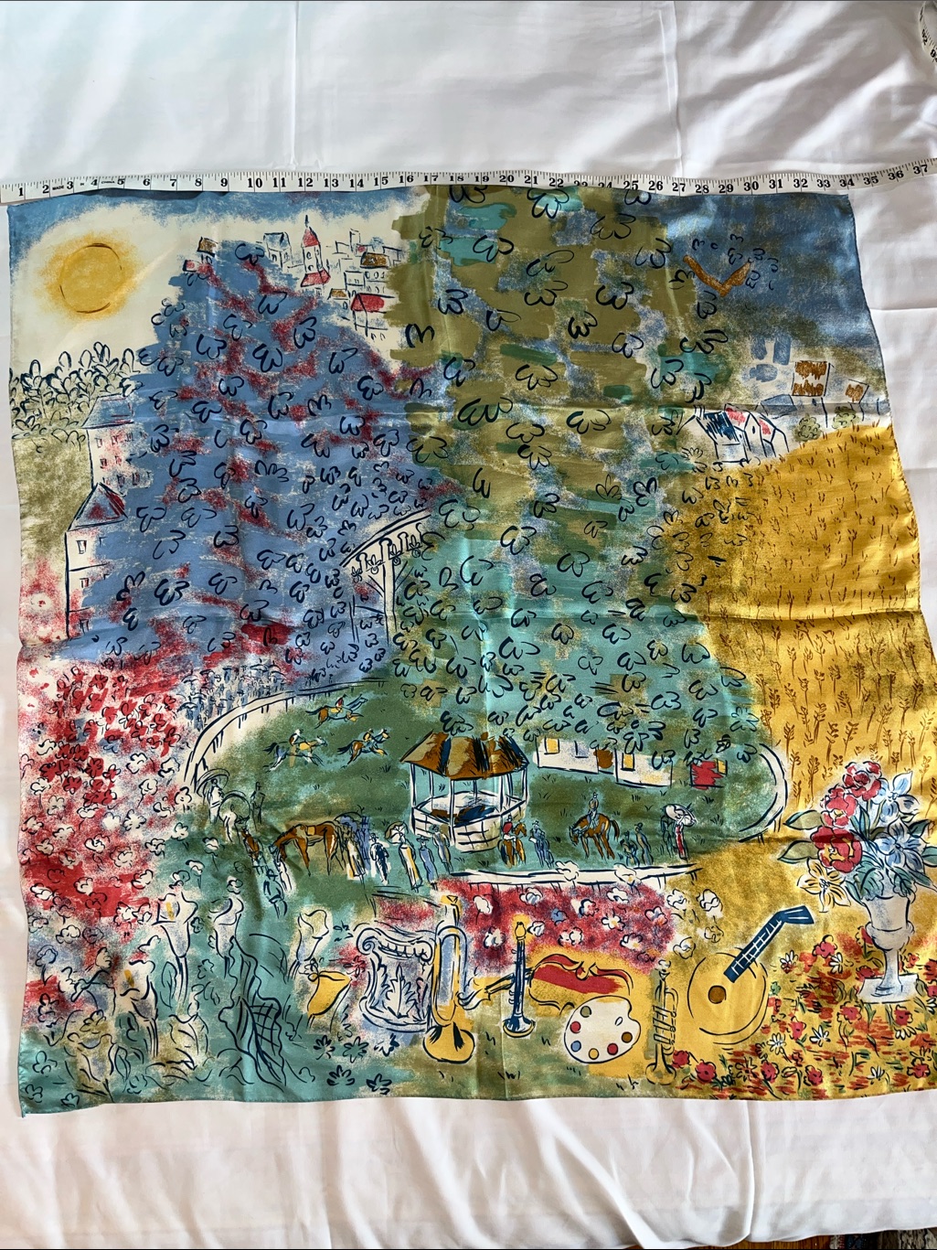 Vintage Scenic Silk Scarf With Horses And Music Motif Blue Green Yellow Red
